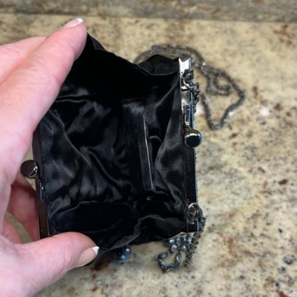 Mini-Purse: Black and Silver Beads, Black Sequins, & Gunmetal Gray Chain Strap - Picture 8 of 15